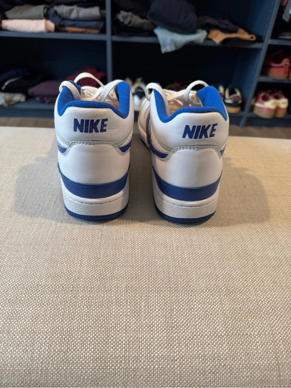 Nike White and Blue Mid-Top Swoosh Sneakers - Picture 2 of 5
